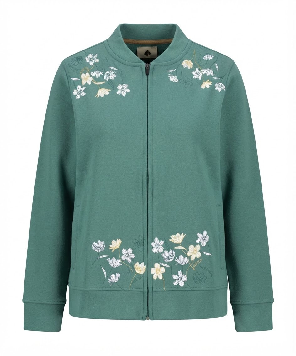Women's Floral Embroidered Teal Zip Jacket
